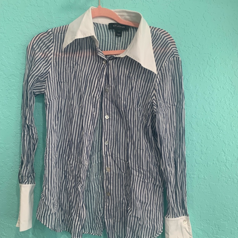 St. John womens  BlueWhite Striped Button-Up Shirt 4 classic basic workwear
